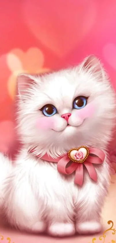 Fluffy white kitten with pink bow on pink heart background.
