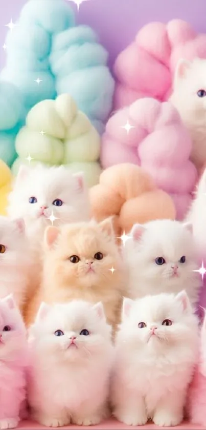 Adorable fluffy kittens with pastel clouds.