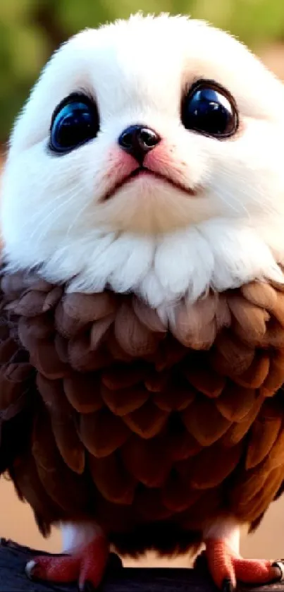 Adorable fluffy owl with brown feathers and big eyes sitting on a branch.