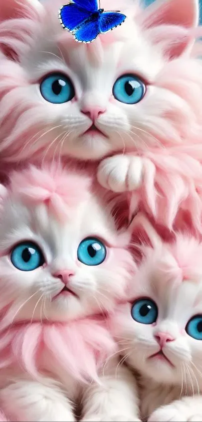 Fluffy pink kittens with blue eyes on a soft background, perfect for cat lovers.