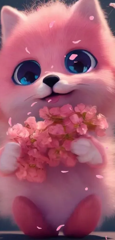 Cute fluffy pink puppy holding flowers.