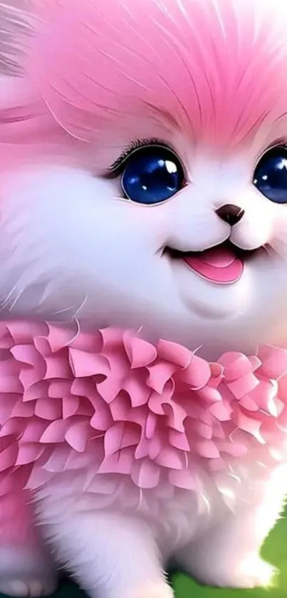 Cute fluffy pink puppy with big eyes and digital art design.