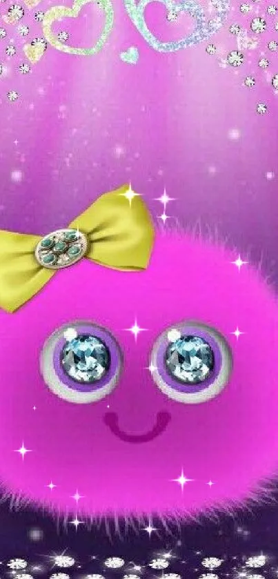 Cute fluffy pink wallpaper with sparkles and a yellow bow.