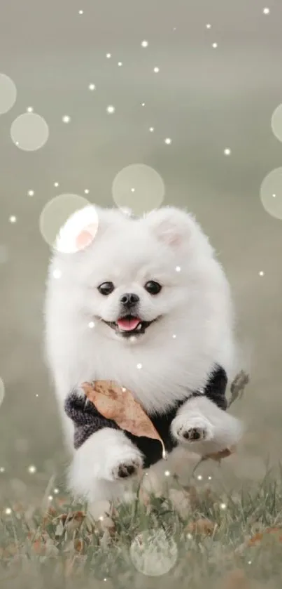 Adorable Pomeranian puppy running with a leaf in its mouth in a grassy field.