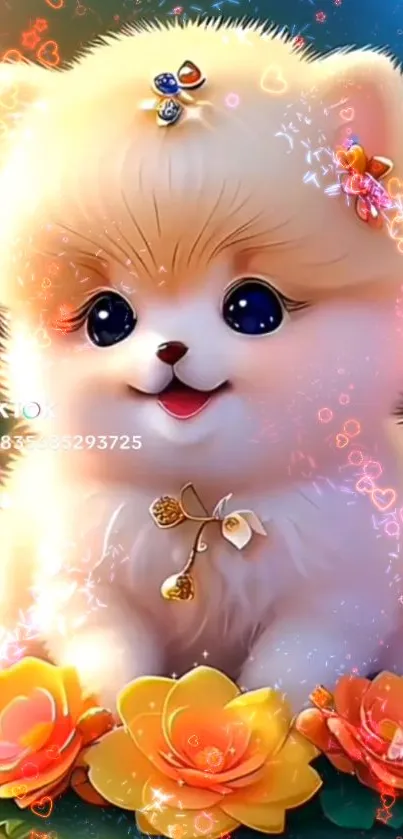 Fluffy Pomeranian puppy with flowers in a vibrant wallpaper design.