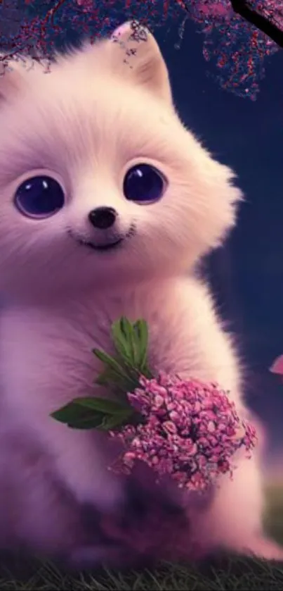 Adorable fluffy puppy with pink blossoms.