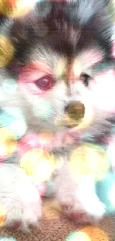 Adorable fluffy puppy lying on carpeted stairs.