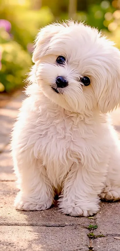 Adorable fluffy puppy sitting on a sunlit garden path.