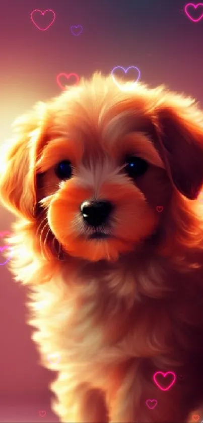 Adorable fluffy puppy in warm lighting, perfect for mobile wallpaper.