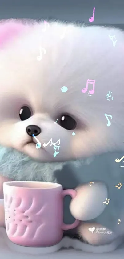 Fluffy white puppy with pink mug and music notes.