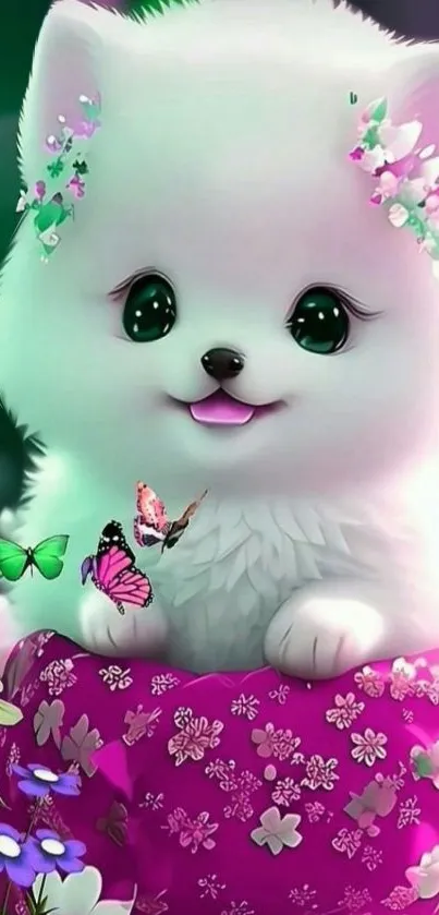 Cute fluffy puppy with butterflies and flowers in vibrant colors.