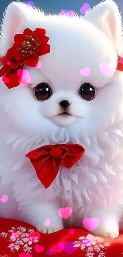 Fluffy white puppy with red bow on floral backdrop.