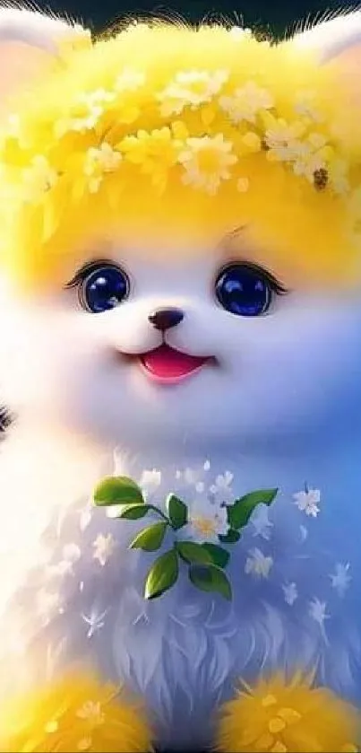 Fluffy white puppy with yellow flowers.