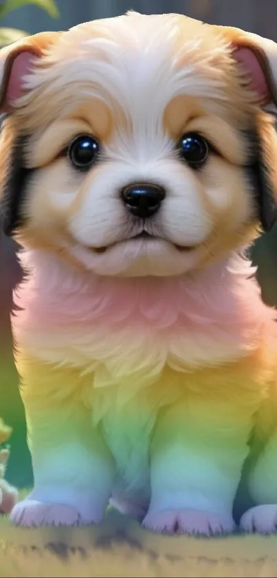 Cute fluffy puppy with rainbow hues mobile wallpaper.