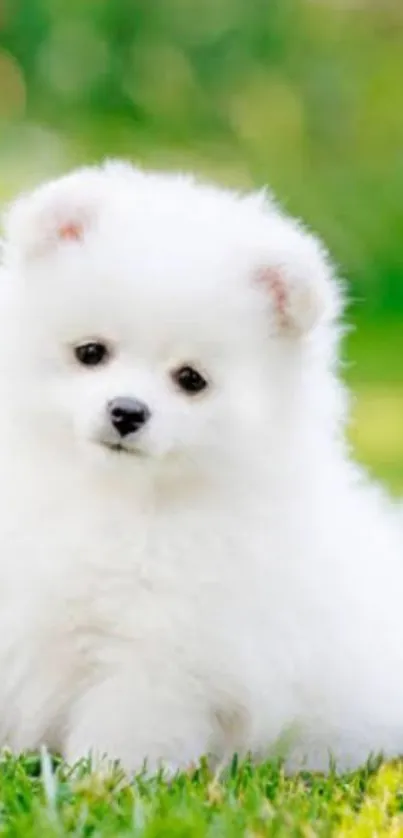 Fluffy white puppy sitting on lush green grass.