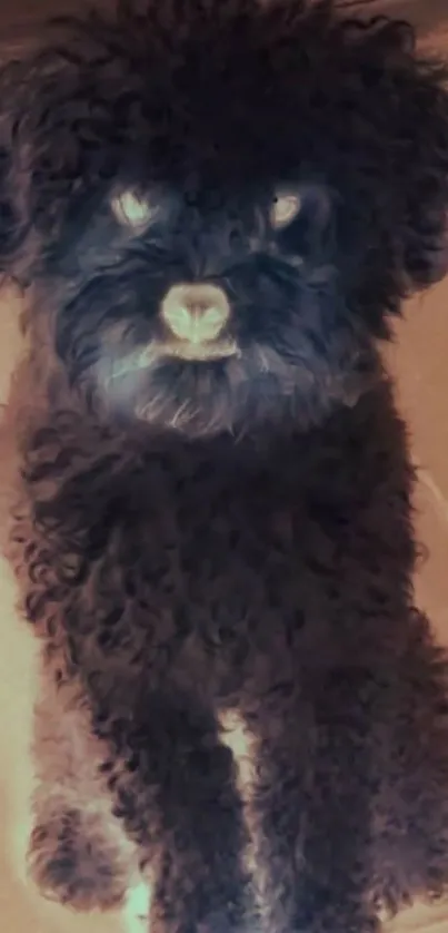 Adorable fluffy puppy with dark curly fur looking curious.