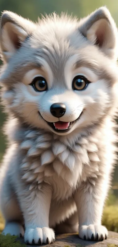 Adorable fluffy puppy with big eyes in a soft natural background.