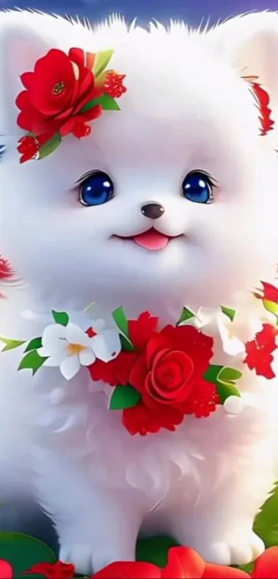 Cute fluffy puppy with red flowers and bright blue eyes.