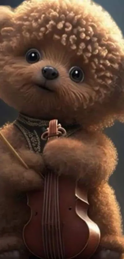 Cute fluffy puppy holding a small violin.