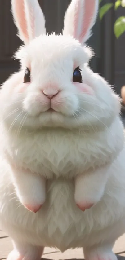 Adorable fluffy white bunny sitting on a porch.