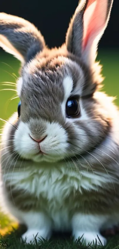 Cute fluffy rabbit with big eyes on a green grass background.