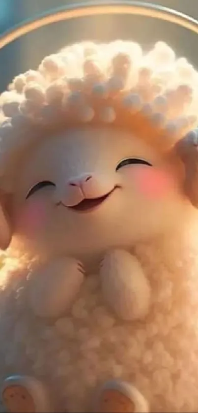 Cute fluffy sheep with headphones on a mobile wallpaper.