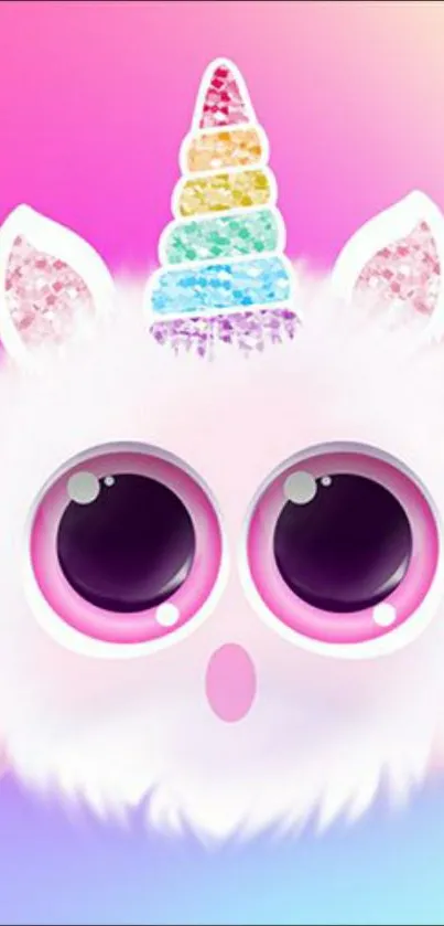 Fluffy unicorn with rainbow horn and large eyes on a pink gradient background.