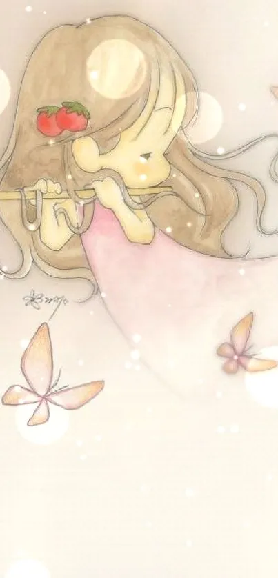 Illustration of a cute girl playing flute with butterflies in a pastel design.