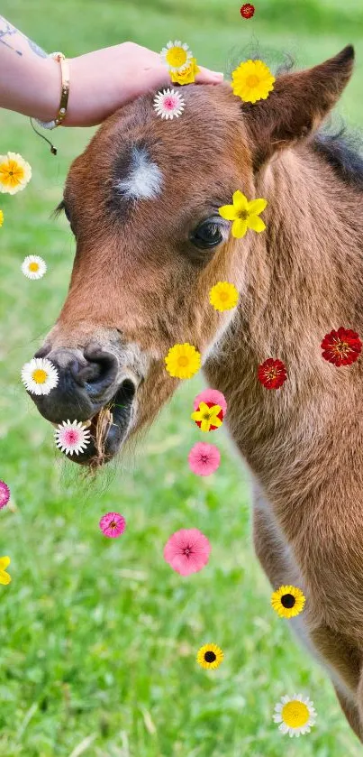 Cute brown foal with colorful flowers on green grass.