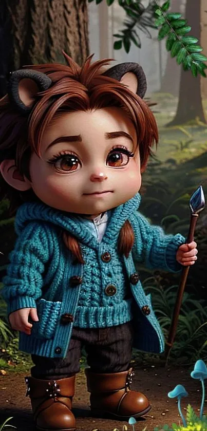 Cute child in teal sweater in fantasy forest scene.