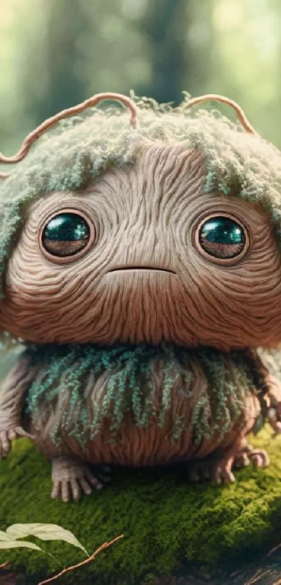 Cute whimsical forest creature on a mossy tree in animated style.