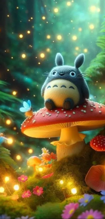 Cute creature on a mushroom in a magical forest.