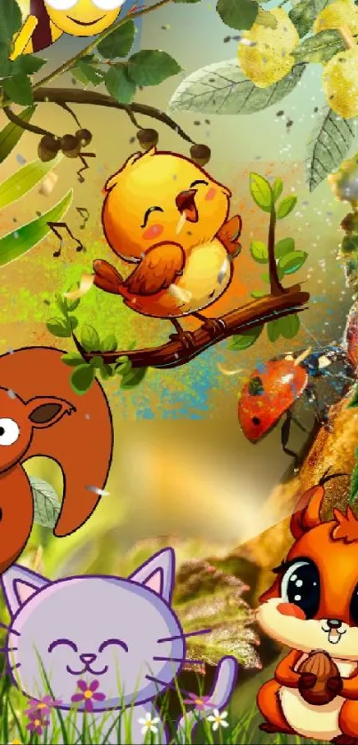 Cute forest animals in a colorful nature wallpaper.