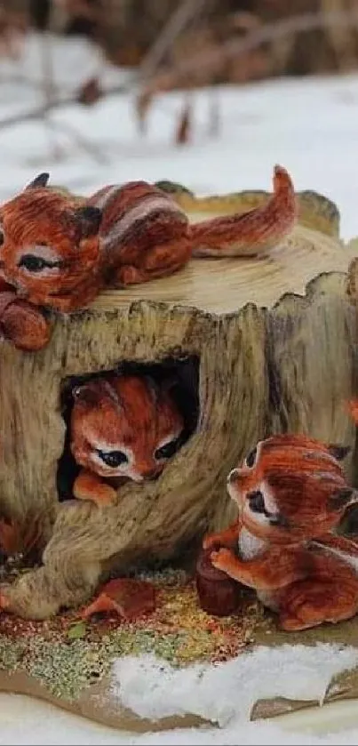 Adorable forest creatures nestled in a tree stump, surrounded by autumn leaves.