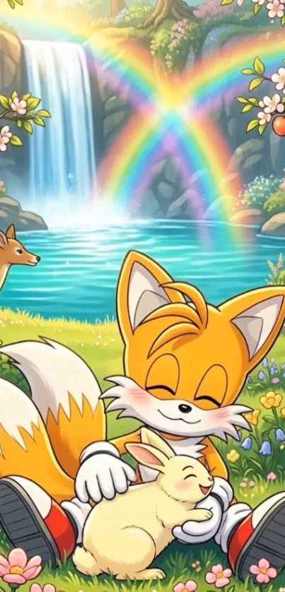 Cartoon fox with animals in a forest with rainbows and waterfall.