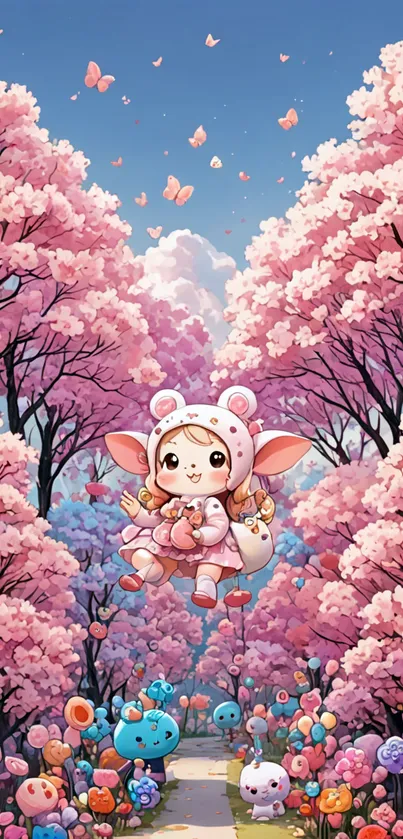 Cute anime character in cherry blossom forest