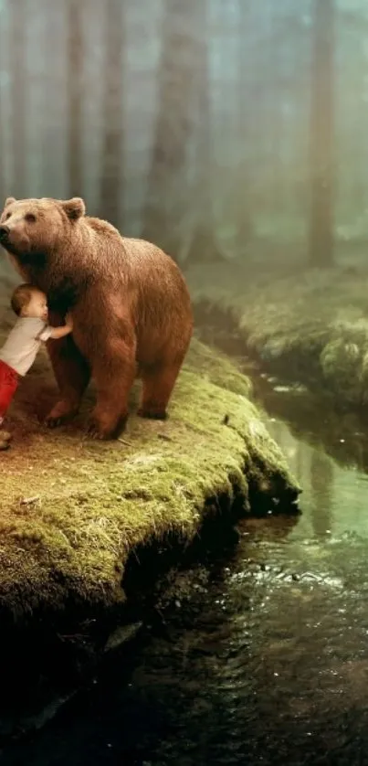 Child hugging bear in forest wallpaper.