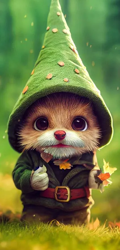 Cute forest creature with green hat in a whimsical setting.