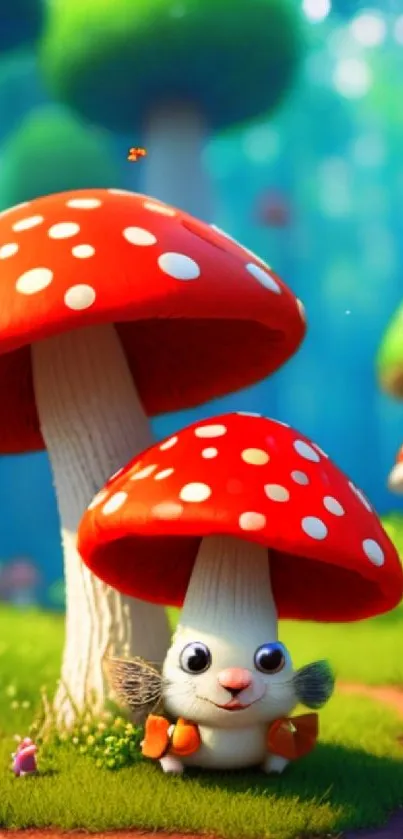 Cute creature under mushroom in magical forest wallpaper.