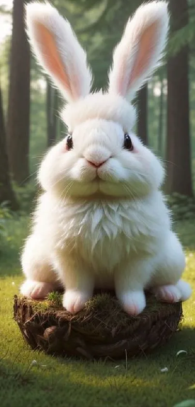 Cute white rabbit on grassy nest in forest.