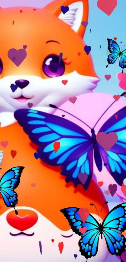 Cute fox with blue butterflies and hearts on mobile wallpaper.