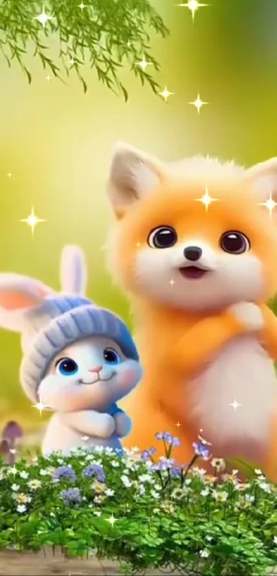 Cute fox and bunny cartoon in a lush green forest.