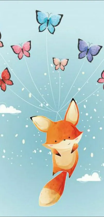 Cute fox floating with butterflies in a serene blue sky wallpaper.