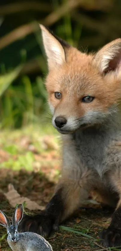 Adorable fox and rabbit in a woodland setting, perfect for nature lovers.