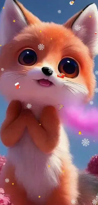 Cute animated fox with pink flowers in the background.