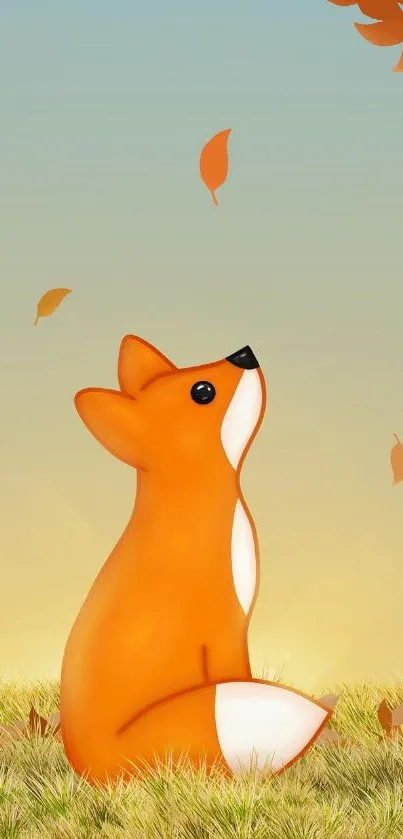 Adorable orange fox in autumn setting with falling leaves and grass.