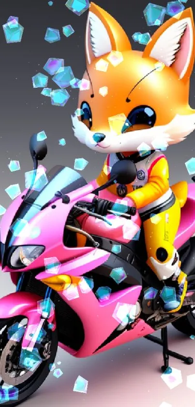 Adorable cartoon fox on a pink motorcycle in vibrant wallpaper.