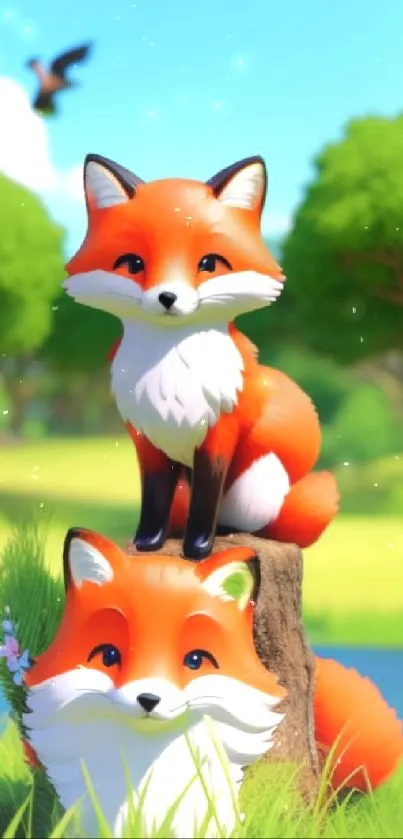 Cartoon foxes in a vibrant forest setting.