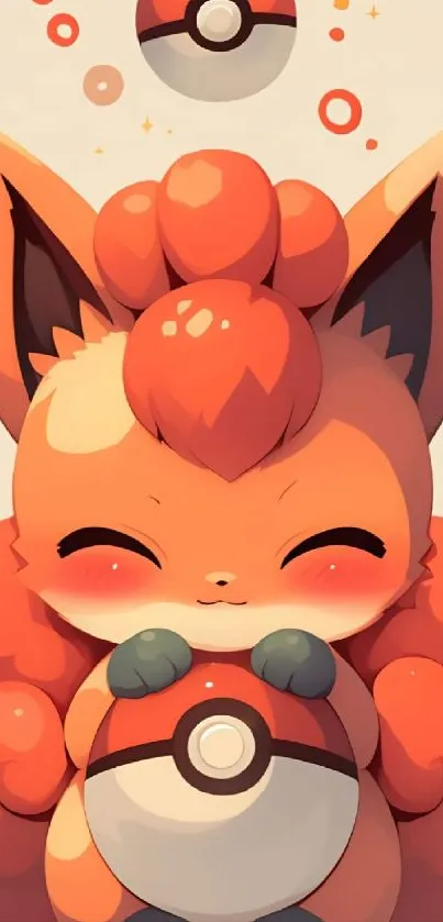 Cute fox with a pokeball-inspired toy, smiling adorably, on a mobile wallpaper.