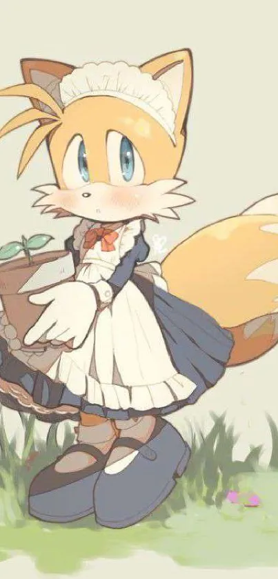 Cute fox in anime style holding a plant pot.